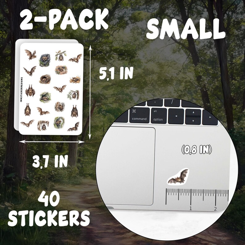 The image is a promotional advertisement for a product called "2-Pack Small". It features a white sticker with various bat images, along with a laptop keyboard and a ruler indicating the sticker's size. The ad provides information about the sticker's dimensions and the number of stickers in the pack.