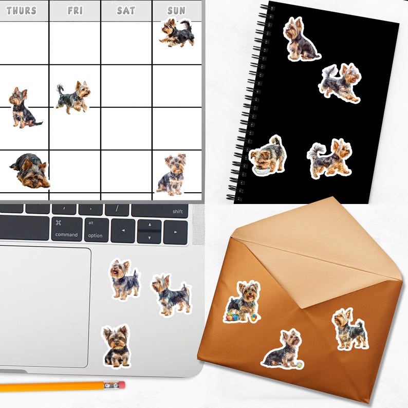 various dog stickers on a laptop keyboard, a spiral-bound notebook, and an envelope, all featuring small illustrations of dogs.