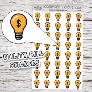 May include: Sheet of utility bill stickers featuring a lightbulb design with a dollar sign inside. The stickers are yellow and black, with the text "UTILITY BILL STICKERS" in a bubble font. The sheet is labeled "LARGE" and "P.L.110.35".