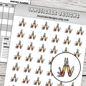 May include: A sticker sheet featuring multiple small illustrations of a tan and red multi-tool with pliers, a screwdriver, and a blade. The header reads INNSTICKER DESIGNS and innstickerdesigns.etsy.com. A large circular inset highlights one tool.