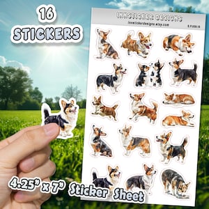 16pc Sticker Sheet, Cardigan Welsh Corgi Dog Stickers for Journals, Scrapbooks, Planners, Waterproof, Glossy Cute Dog Stickers for Planners