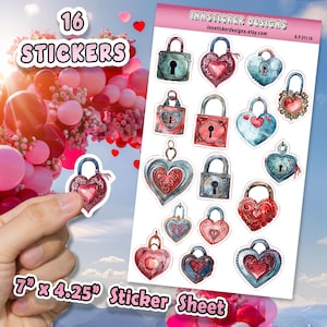 May include: A sticker sheet featuring 16 heart-shaped lock stickers in various colors, including red, blue, and teal. The sheet measures 7" x 4.25" and includes the text "Sticker Sheet" and "16 Stickers". The stickers have a watercolor design.