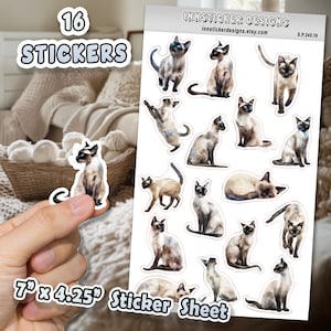 16pc Sticker Sheet, Siamese Cat Stickers for Journals, Scrapbooks, Planners, Waterproof, Glossy Cute Cat Stickers for Hobbies, C40