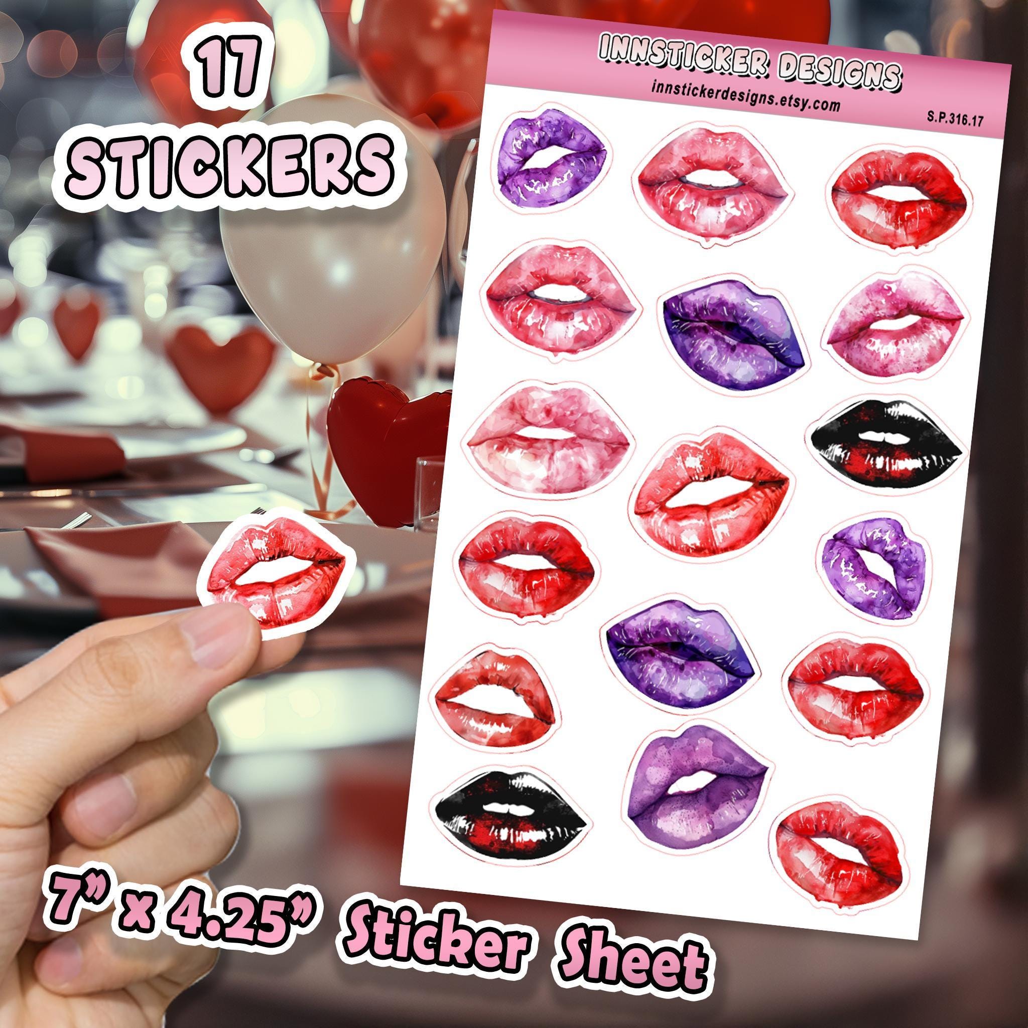 17pc Sticker Sheet, Kiss Marks Valentine's Day Stickers, Romantic ...