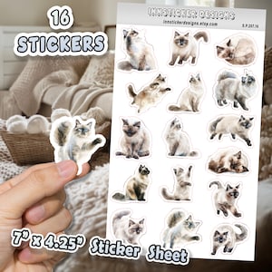 Cartela com 16 adesivos de gato birmanês para diários, álbuns de recortes e agendas. Adesivos à prova d'água e brilhantes, perfeitos para hobbies. C7