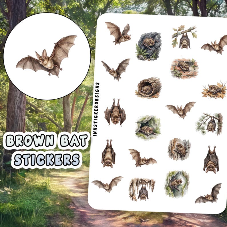 Brown Bat Stickers for Journals, Scrapbooks, Planners, Glossy, Matte Wild Animal Sticker Sheet. image 1