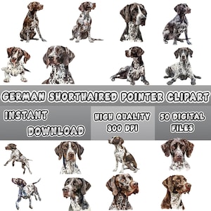 May include: A collection of watercolor illustrations of German Shorthaired Pointers in various poses. The dogs have brown and white spotted coats. Text includes "German Shorthaired Pointer Clipart", "Instant Download", "High Quality 300 DPI", and "50 Digital Files".