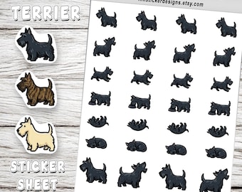 Cartela de adesivos com ícones de Mini Scottish Terrier, 36 adesivos de animais de estimação em estilo desenho animado, opções de cores de pelagem para diários, álbuns de recortes e agendas.