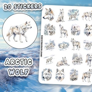 May include: A sheet of 20 stickers showcasing illustrations of Arctic wolves in diverse poses. The stickers depict wolves standing, howling, and resting, set against a snowy backdrop. The words "20 Stickers" and "Arctic Wolf" are also visible on the sheet.