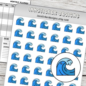 May include: A sticker sheet featuring multiple small, blue ocean wave illustrations with white foam crests. The top of the sheet displays the text INNSTICKER DESIGNS and innstickerdesigns.etsy.com. A larger circular cutout highlights one wave.
