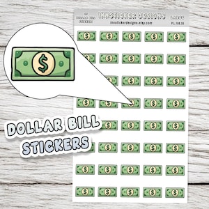 Può includere: Foglio di adesivi a forma di banconota da un dollaro con un design verde e beige. Gli adesivi presentano una banconota da un dollaro a fumetti con un simbolo del dollaro. Le parole "DOLLAR BILL STICKERS" sono in un font a bolle bianco.