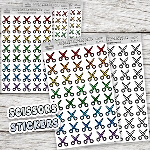May include: Sheets of colorful scissor stickers in various sizes. The stickers feature scissors in red, orange, yellow, green, blue, and purple. The text "SCISSORS STICKERS" is also visible.