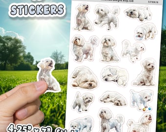 Stickers chien maltais pour journaux, albums de scrapbooking, agendas, Stickers chien illustrés brillants et mats pour loisirs, cadeau d36