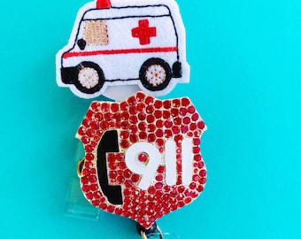EMT Badge Reel, Ambulance & Rhinestone 911, First Responder Gift
