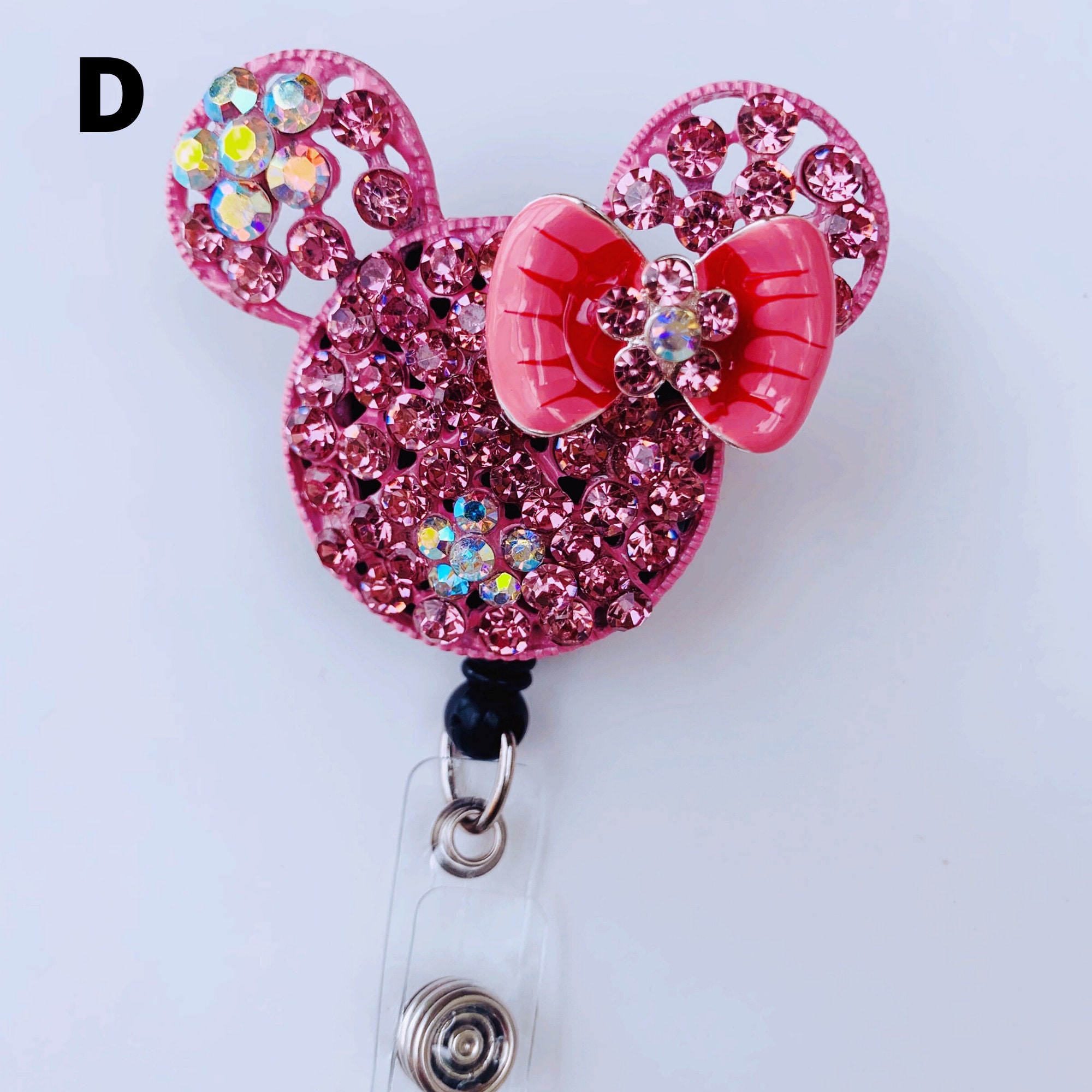 Minnie Mouse Ears Rhinestone Badge Reel, Patriot Badge, Christmas