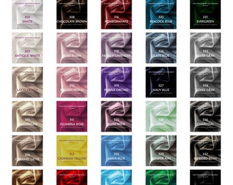May include: A color chart of 30 different shades of 22 Momme 100% pure mulberry silk charmeuse fabric. The colors are arranged in a grid of five columns and six rows. The colors include white, chocolate brown, pomegranate, peacock blue, evergreen, antique white, rose blush, French lavender, slate blue, silver gray, latte froth, frozen peach, purple orchid, navy blue, fossil gray, champagne, plumeria rose, plum wine, mint, charcoal, caramel latte, cadmium yellow, maya blue, juniper ash, espresso bean, golden brown, flame scarlet, Cayman blue, Irish green, and black.
