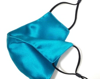 Masque facial en soie turquoise 2-3 couches avec poche filtrante, élastique réglable et fil de | Masque facial lavable, réutilisable et hypoallergénique