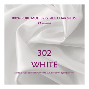 22 Momme Pure Mulberry Silk Charmeuse Fabric WHITE Grade 6A Pure Mulberry Silk Charmeuse| Natura| 45&quot; Width| Half Yard or by Yard