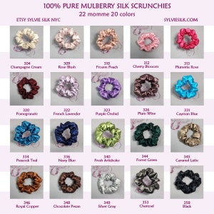 Pu&ograve; includere: Venti scrunchies di seta in vari colori, tra cui crema champagne, rosa blush, pesca congelata, fiore di ciliegio, rosa frangipane, melograno, lavanda francese, orchidea viola, vino di prugna, blu Cayman, blu pavone, blu navy, carciofo fresco, verde bosco, caramello latte, rame reale, noce pecan al cioccolato, grigio argento, carbone e nero. Ogni scrunchie &egrave; realizzato in seta di gelso 22 momme.