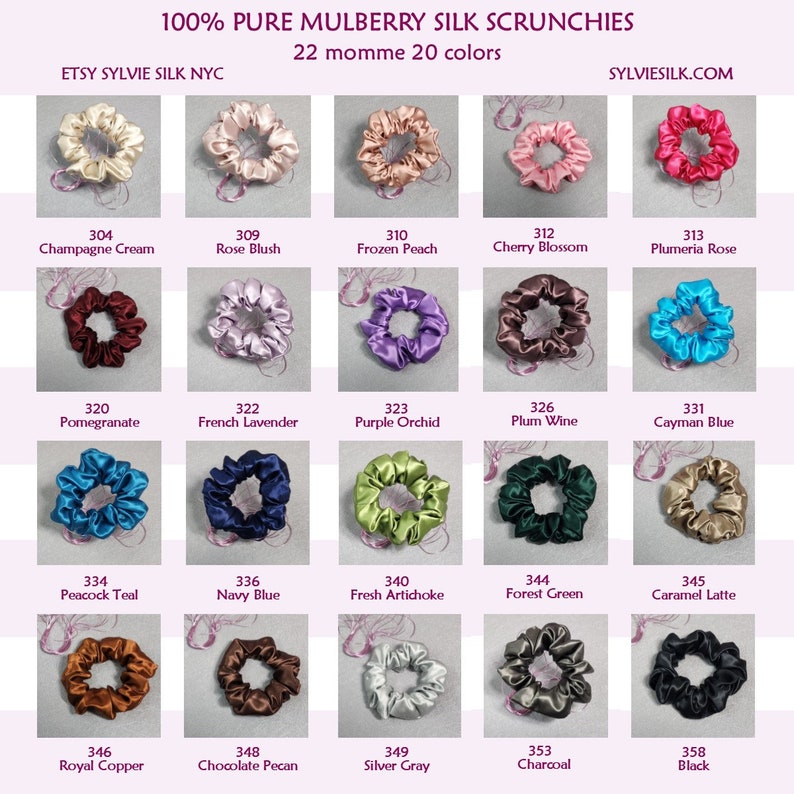 Pu&ograve; includere: Venti scrunchies di seta in vari colori, tra cui crema champagne, rosa blush, pesca congelata, fiore di ciliegio, rosa frangipane, melograno, lavanda francese, orchidea viola, vino di prugna, blu Cayman, blu pavone, blu navy, carciofo fresco, verde bosco, caramello latte, rame reale, noce pecan al cioccolato, grigio argento, carbone e nero. Ogni scrunchie &egrave; realizzato in seta di gelso 22 momme.