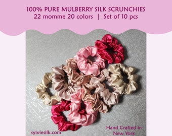 Luxury 22 momme Pure Silk Scrunchies ~ Set di 10 pezzi ~ Cravatta o bracciale per capelli / 20 colori / Grandi Scrunchies / Cravatta per capelli di seta / Silk Scrunchies