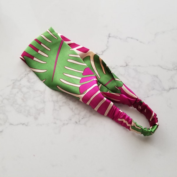 Striking SILK HEADBAND MONSTERA Fuchsia Green Pattern | Silk Flat Headband | Silk Headband for spa | 100% Pure Mulberry Silk Grade 6A