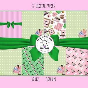 May include: Digital paper set featuring eight unique designs. The designs include pink and green patterns, illustrations of books, glasses, and a woman reading. A large green bow wraps around the designs. Text includes "8 Digital Papers", "12x12", and "300 DPI".