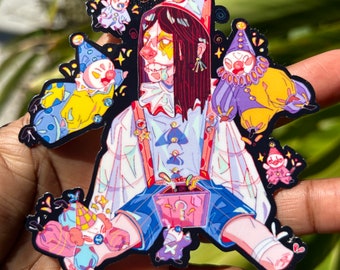 May include: A colorful illustration of a clown with a red and white face, wearing a blue and white striped shirt, red suspenders, and a blue and white striped hat. The clown is surrounded by smaller clowns, all with different colors and patterns. The illustration is done in a cartoon style and has a whimsical feel.