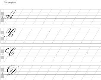 May include: Copperplate calligraphy practice sheet with the letters A, B, C, and D written in cursive on lined paper.