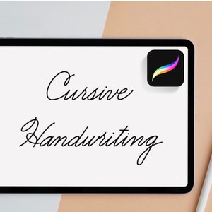 May include: A digital tablet shows the words "Cursive Handwriting" in elegant script. A stylus rests beside the tablet, and a colorful app icon is in the upper right corner. The background is a soft peach colour.
