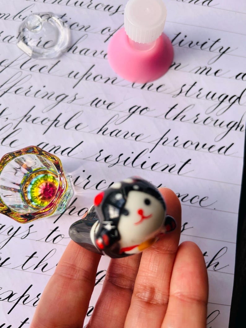 Glass Inkwell & Ceramic Pen Rest - Calligraphy Desk Set image 1