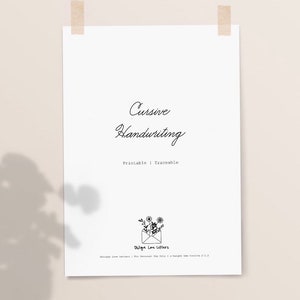 May include: Printable cursive handwriting practice sheet with a floral envelope design. The text reads "Cursive Handwriting Printable | Traceable Olive Love Letters"