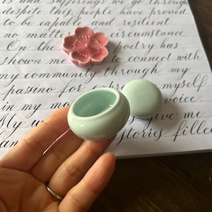a Set of Ceramic Water Pot, Cherry Blossom Pen Rest, Silicone Dinky Dip Ink Holder for Lettering & Drawing | Calligraphy Tools for Artists