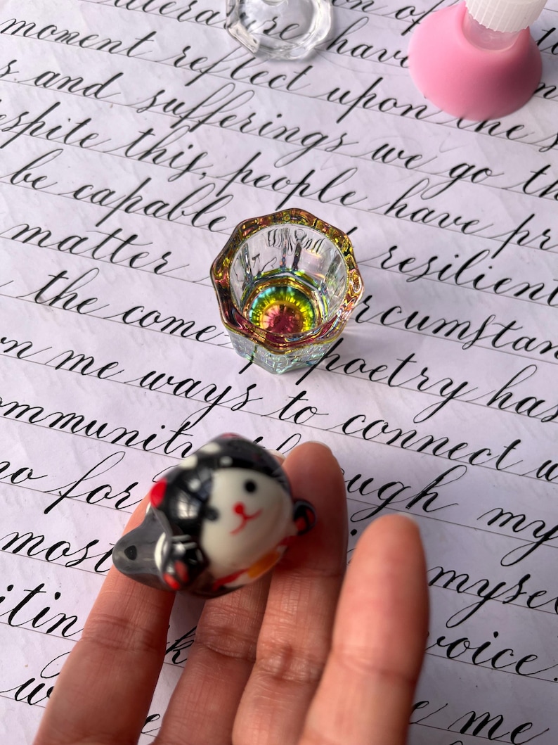 Glass Inkwell & Ceramic Pen Rest - Calligraphy Desk Set image 7