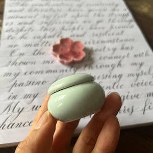 a Set of Blue Ceramic Water Pot, Cherry Blossom Pen Rest, Dinky Dip Ink Holder for Dip Pens | Calligraphy Tools for Artists