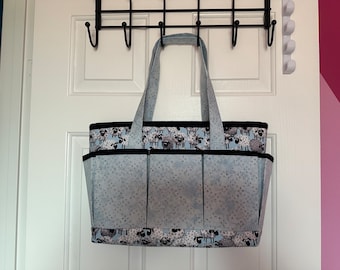 Blue sheep knitting tote bag