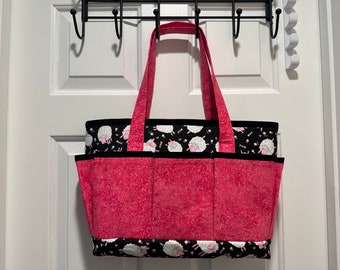 Black/white/pink sheep knitting tote bag