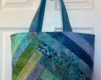 Large Blue Quilted Batik Tote Bag