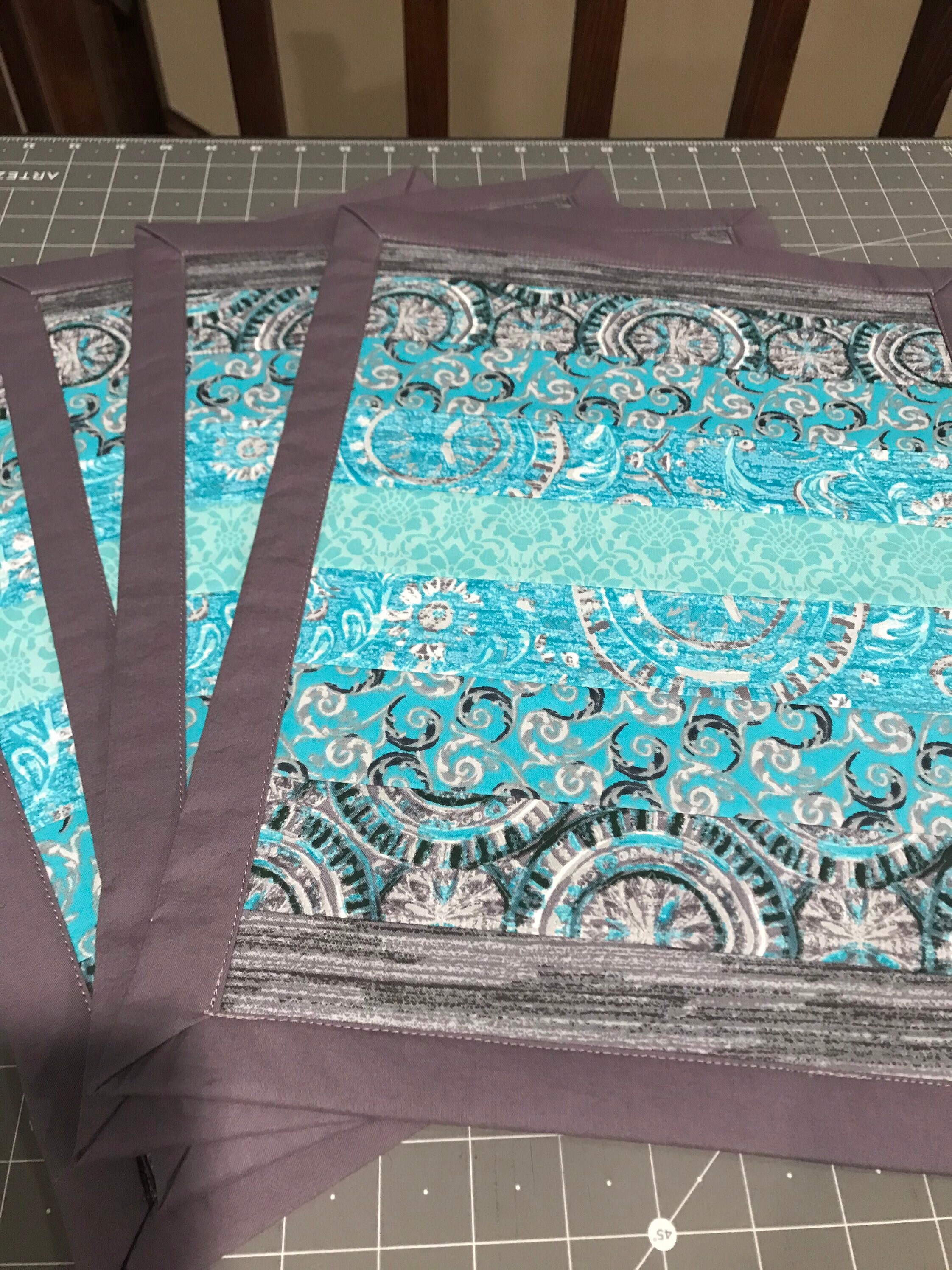 Teal and Grey Quilted Placemats Set of 6 Etsy