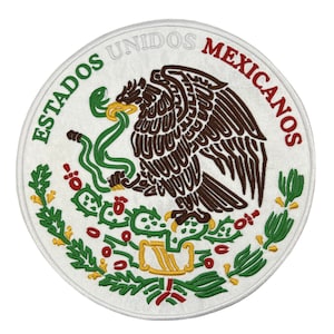 May include: A white circular patch with the text "ESTADOS UNIDOS MEXICANOS" in a red circle around the edge. The center of the patch features an embroidered image of a golden eagle perched on a cactus with a snake in its beak.