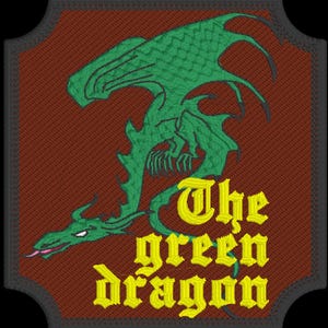 May include: A rectangular embroidered patch with a dark brown background featuring a green dragon illustration and the yellow text The green dragon. The patch has a dark gray border and a scalloped edge design on the top and bottom sides.