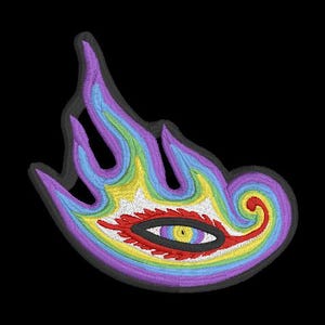 May include: A colorful embroidered patch with a rainbow eye design. The eye is surrounded by flames and has a red, yellow, and blue color scheme.