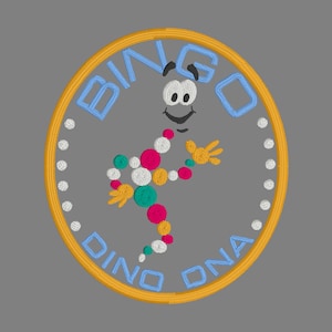 May include: A yellow circle with the words "Bingo Dino DNA" around the edge. A cartoon dinosaur with a smiling face is in the centre of the circle. The dinosaur is made of a string of colourful beads.