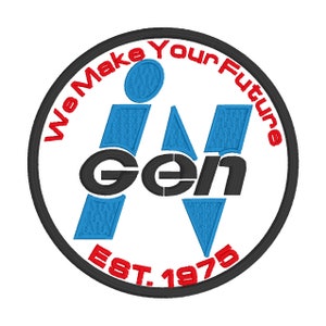 May include: A black and white circular patch with the text "We Make Your Future" in red around the edge. The centre of the patch features a stylised "I" with the word "Gen" in black and the text "EST. 1975" in black at the bottom.