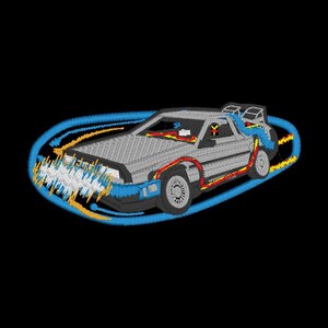 May include: A silver DeLorean time machine car with a blue and yellow time travel effect. The car is in a circular motion, as if it is traveling through time.