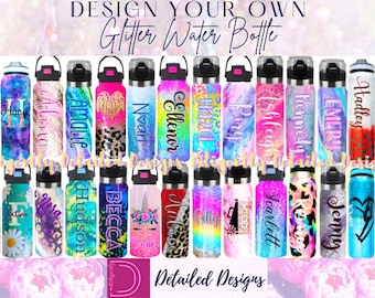 Design Your Own Glitter Water Bottle-Personalized Glitter Water Bottle-Monogrammed Water Bottle-Stainless Steel Water Bottle-Custom Gift