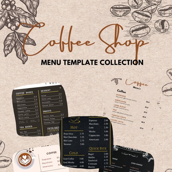 Coffee Shop Menu Template, 5 Pack of Digital Editable & Downloadable Files, Custom Menu, Business Template, Custom Barista Menu