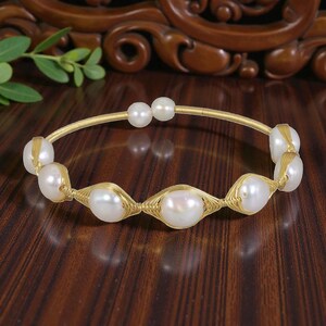 Natural Freshwater Pearl Gold Wire-Wrapped Open Cuff Bracelet