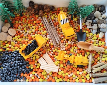 Construction Sensory Bin Kit: Montessori Toy with Trucks & Beans