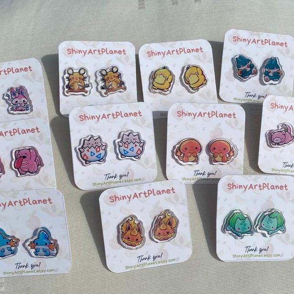 Earrings featuring Pokemon, Pikachu, Squirtle, and initial Pokemon characters from the anime and manga series, made of original acrylic.